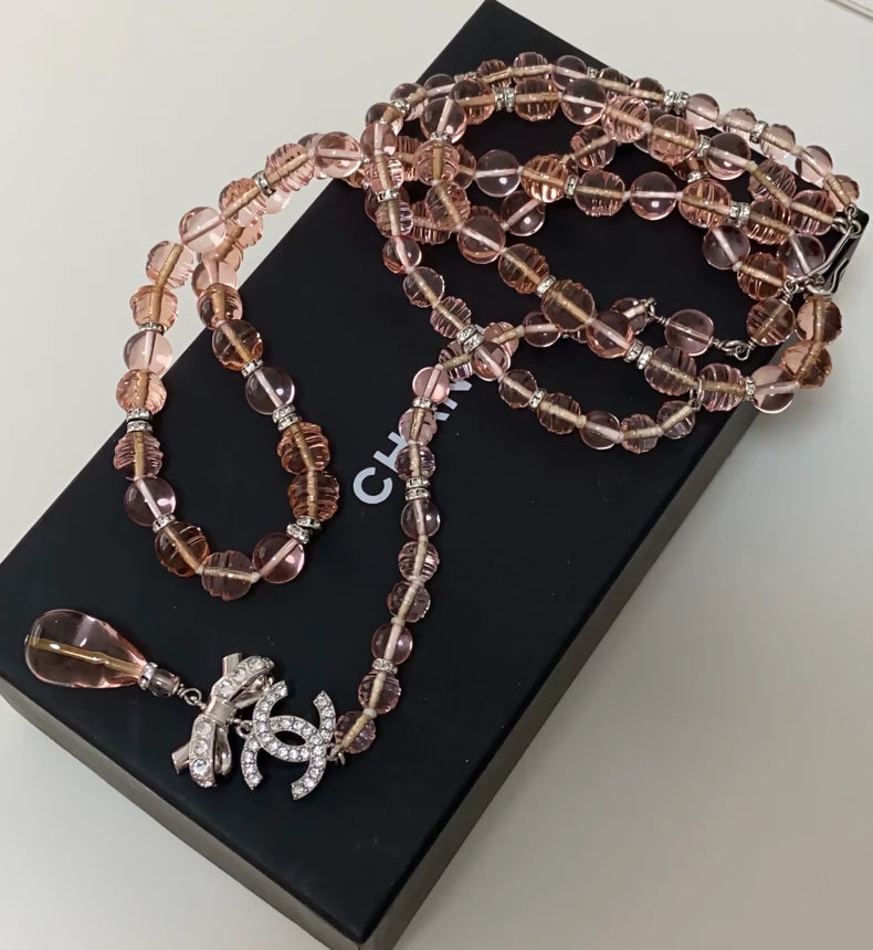 Chanel 23S Pink Crystal Diamond Bow Necklace/Waist Chain