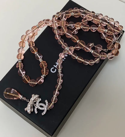 Chanel 23S Pink Crystal Diamond Bow Necklace/Waist Chain
