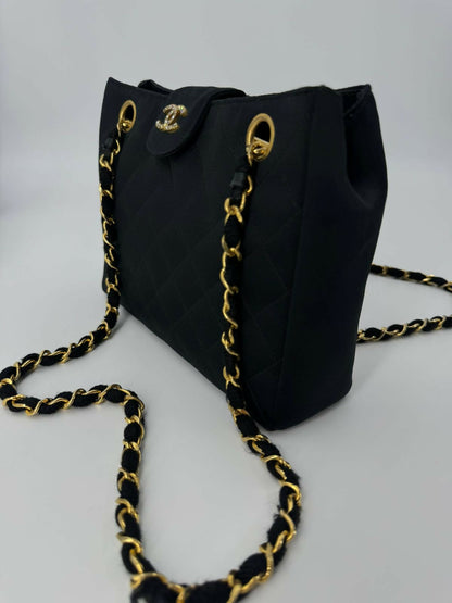 Chanel Vintage Satin and Rhinestone Shiny Black Shoulder Bag