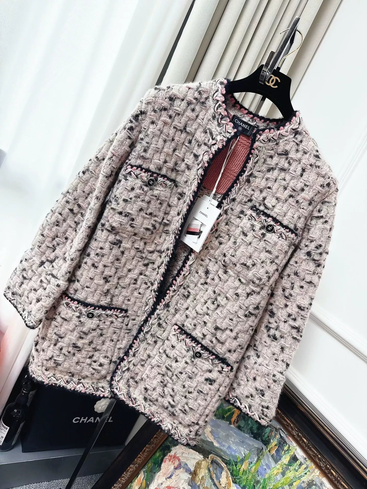 Chanel 21B beige pink & red tweed cardigan
