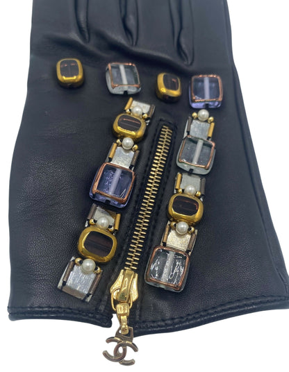 RARE New Chanel 11A Paris Byzance Black Leather Stones Gloves Size 7