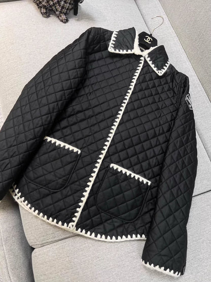 Chanel Ski Collection Black Diamond Quilted Cotton Jacket with White Trim