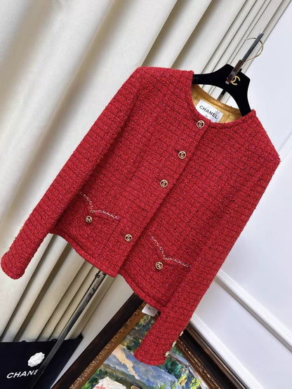 Chanel 23B red tweed jacket with gold buttons and two pockets
