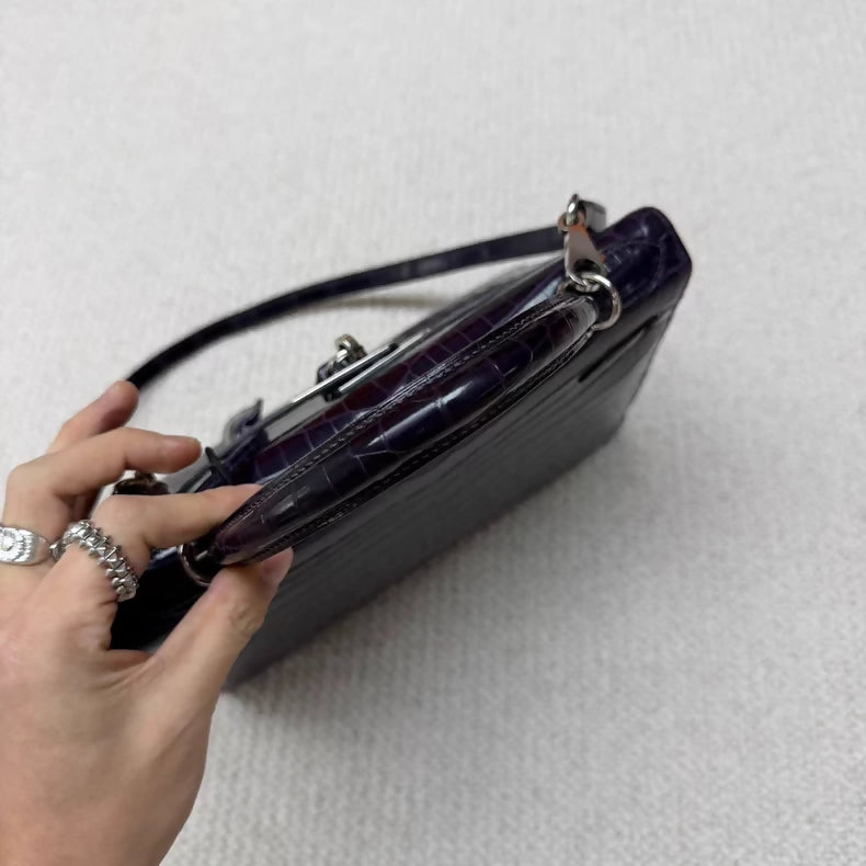 Hermes Kelly 28 9G amethyst shiny crocodile leather palladium hardware