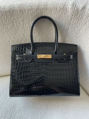 Hermès Birkin 30 Noir / Black Shiny Niloticus Crocodile with Gold Hardware B Stamp