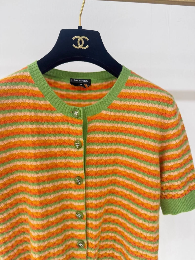 Chanel 24A Orange/Green Cashmere Short-Sleeve Cardigan