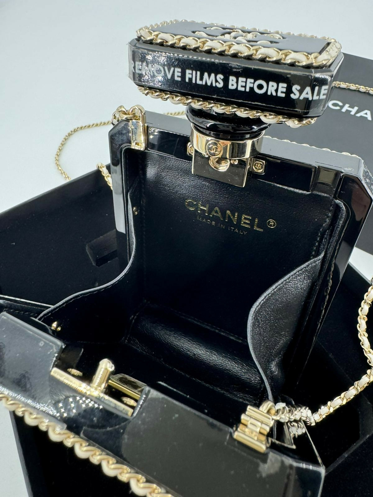 Chanel 22S Plexiglass Black Quilted Leather and White Perspex Perfume Bottle Minaudière Mini Flap Bag