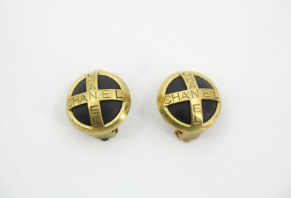 Chanel Vintage 94A Gold-plated Resin Gold and Black Cross Clip-on Earrings