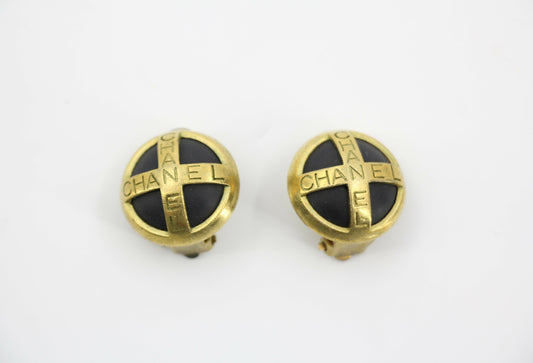 Chanel Vintage 94A Gold-plated Resin Gold and Black Cross Clip-on Earrings