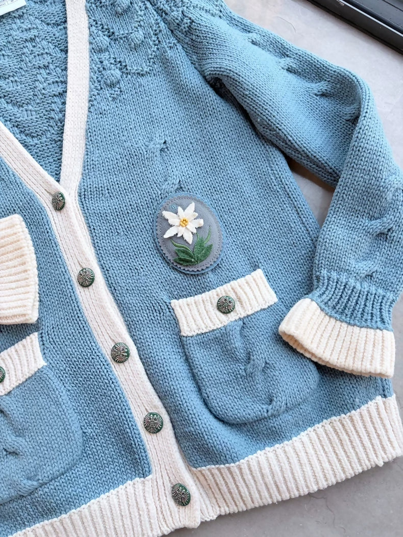 Chanel 2015 Blue Cashmere Badge Cardigan