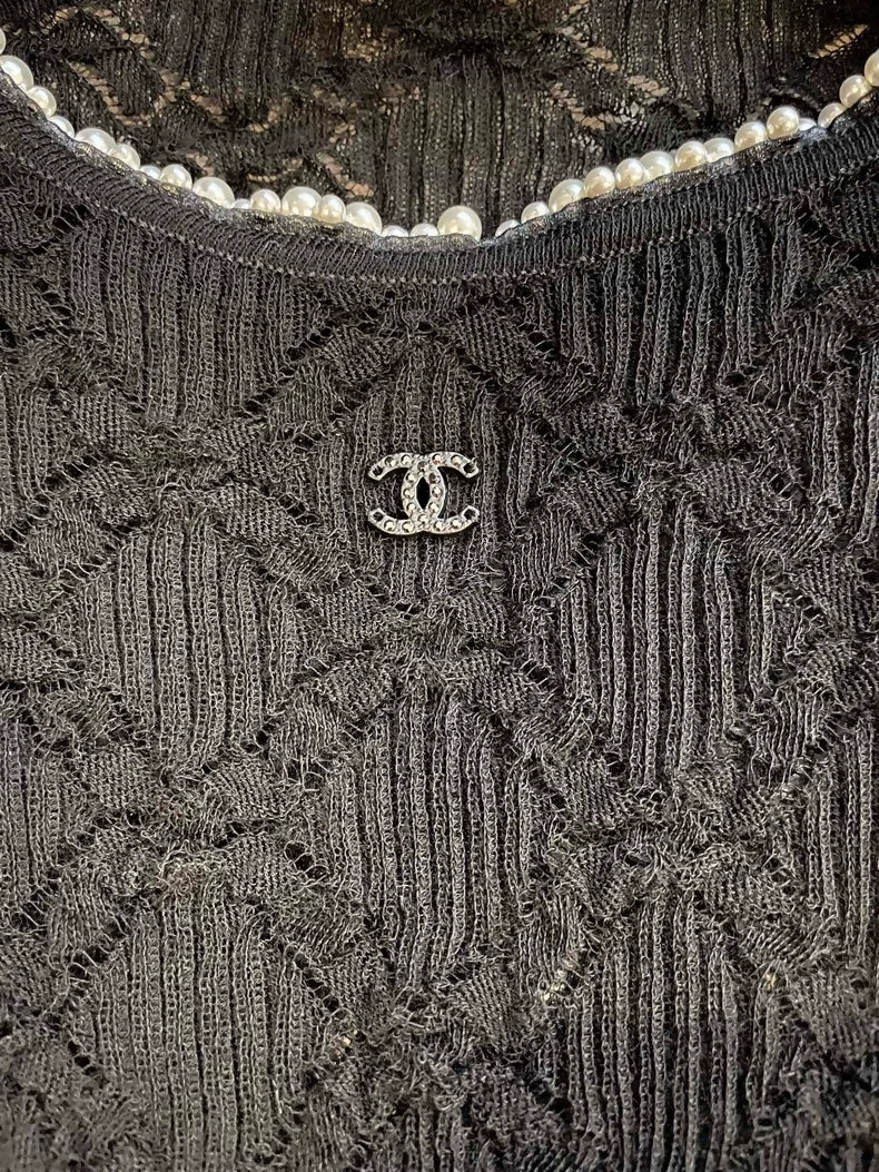 Chanel black lace and pearl top