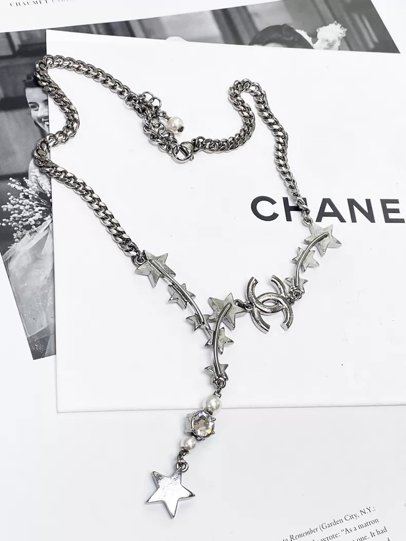 Chanel 21P silver star double C pearl long necklace