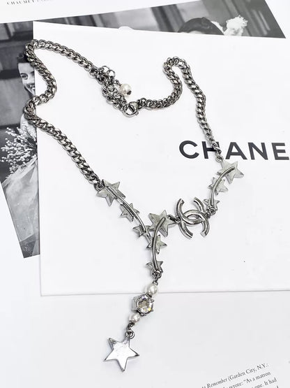 Chanel 21P silver star double C pearl long necklace