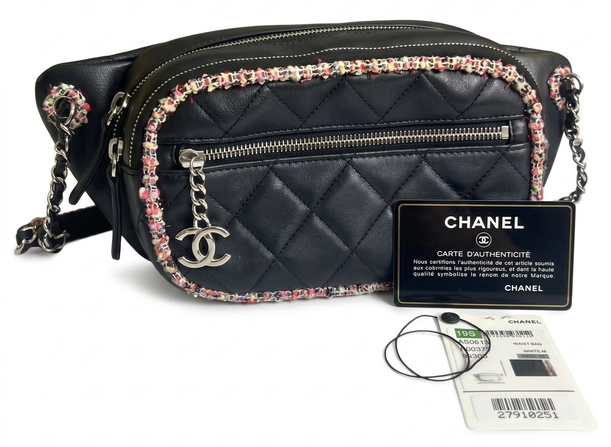 Chanel 19S Black Leather Multicolor Tweed Trim Quilted Waist Belt Bag