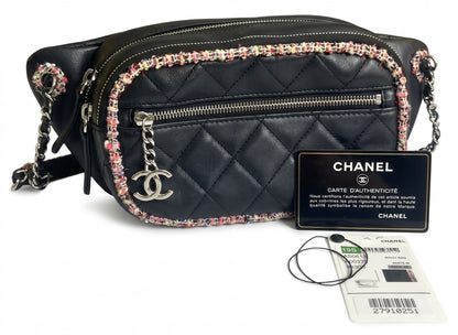 Chanel 19S Black Leather Multicolor Tweed Trim Quilted Waist Belt Bag