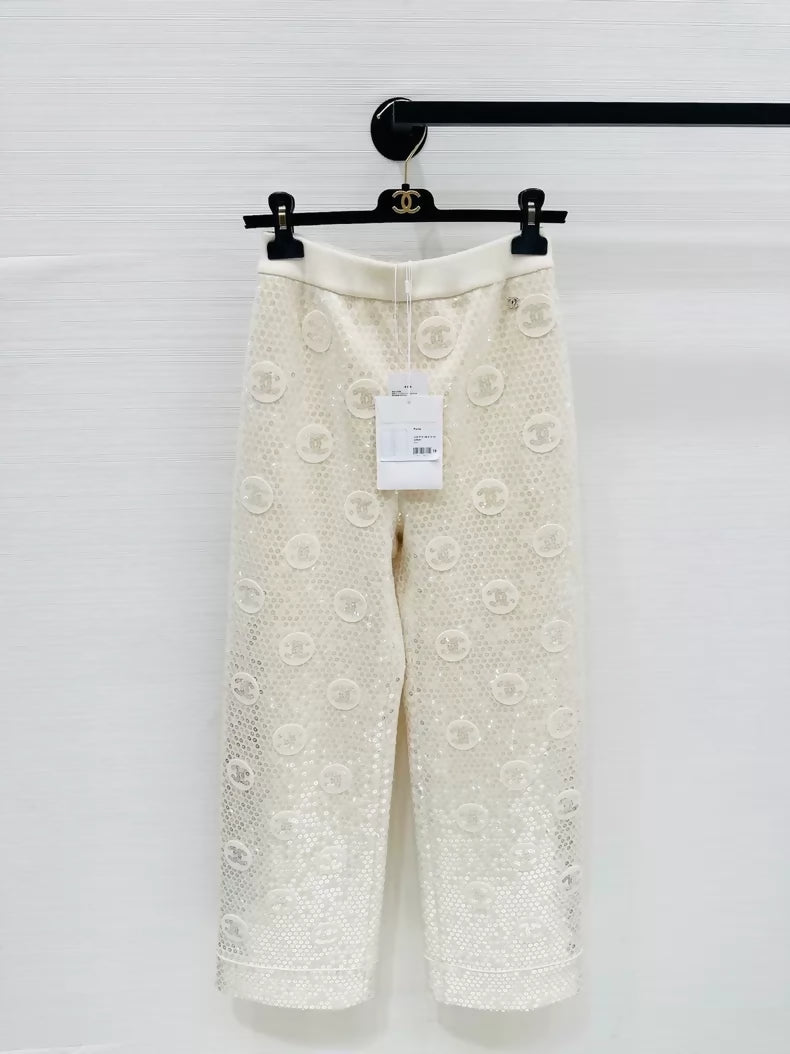 Chanel 23S ecru sequined double C logo pants