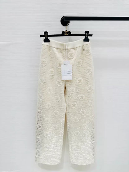 Chanel 23S ecru sequined double C logo pants