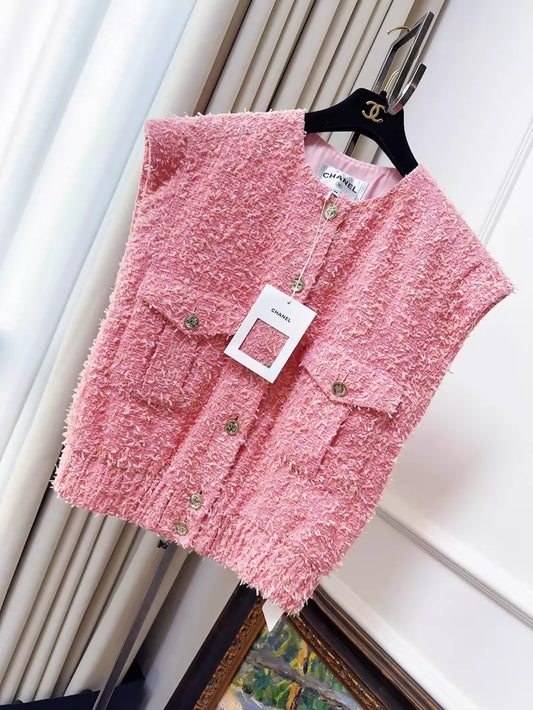 Chanel 21S Peach Pink Tweed Vest with Crystal Buttons