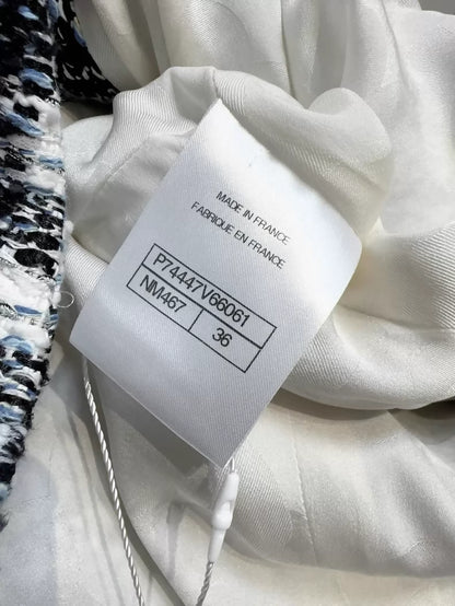 Chanel 23P black, white and blue checkered woven jacket