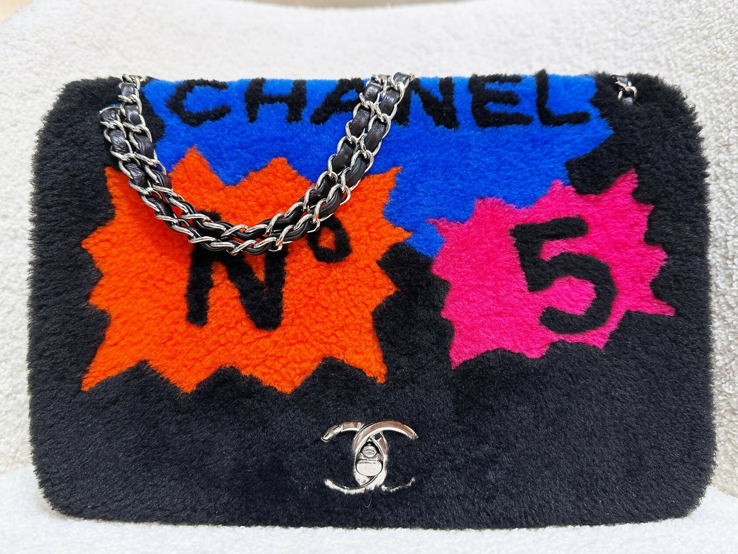Chanel 2018 Jumbo Classic Flap “Pop Art No.5” Bag, Shearling and Lambskin with Silver Hardware