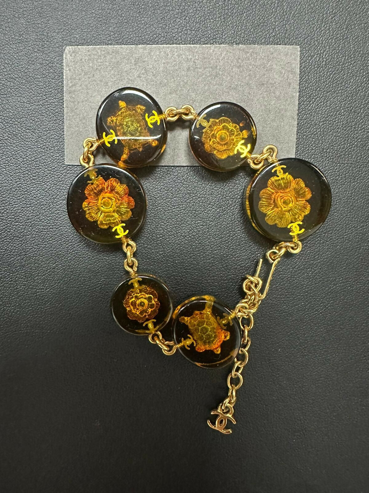 Chanel Vintage 98A Acrylic Dark Brown Turtle & Camellia Tortoise Shell Bracelet