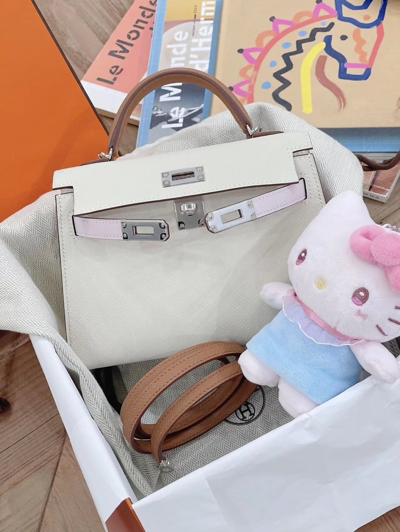 Hermès Mini Kelly 20 craie/gold/mauve Epsom leather palladium hardware