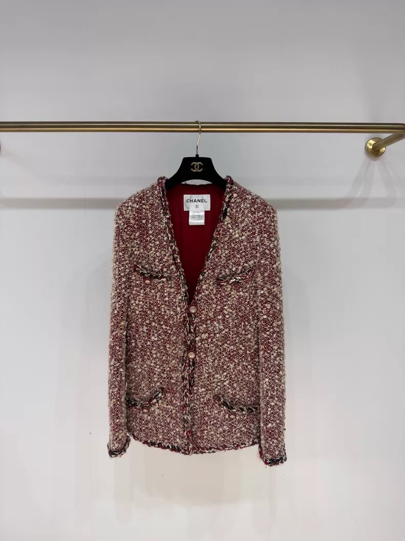 Chanel Dallas Red Tweed Beaded Cardigan