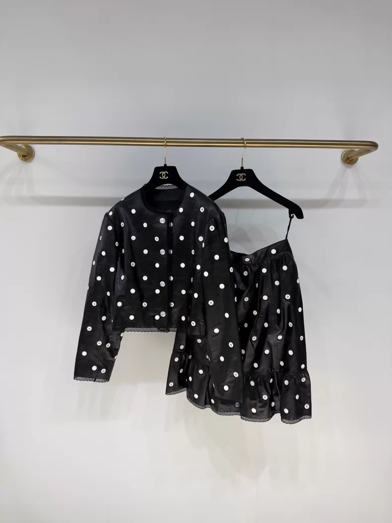 Chanel 23S Black Lace Polka Dot Double C Leather Jacket