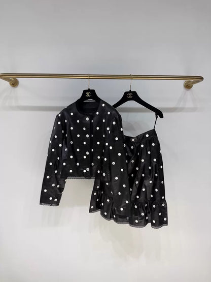 Chanel 23S Black Lace Polka Dot Double C Leather Jacket