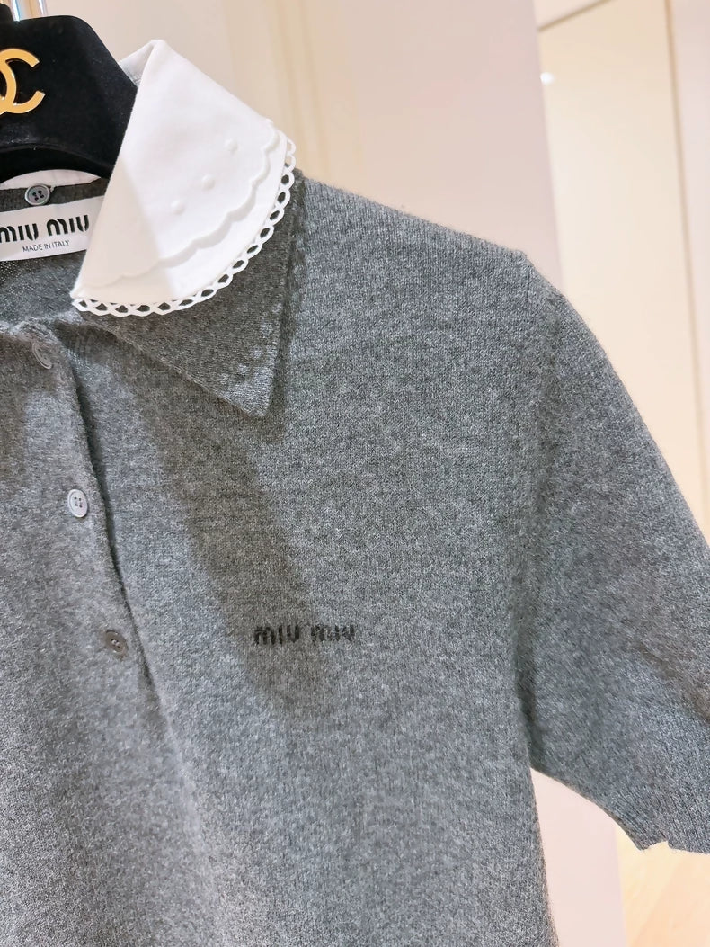 Miu Miu grey logo letter Peter Pan collar faux two-piece cashmere knit short-sleeved top
