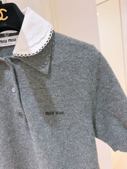 Miu Miu grey logo letter Peter Pan collar faux two-piece cashmere knit short-sleeved top