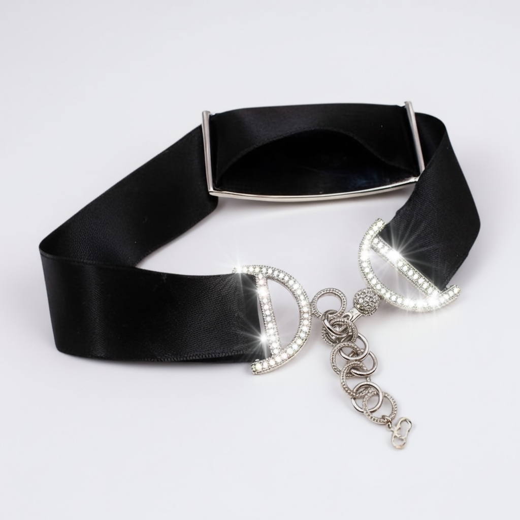 Rare Dior John Galliano Crystal Silver Metal Silk Trotter Choker Necklace