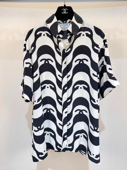 Chanel 21p black and white wavy pattern short-sleeved T-shirt