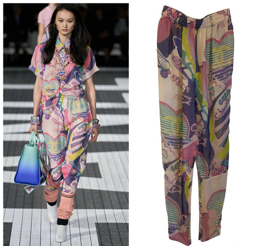 Chanel 24C Runway MultiColor Graffiti Silk Harem Pants FR 34
