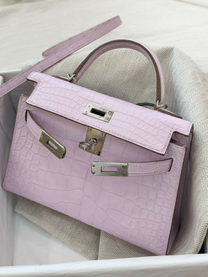 Hermès Mini Kelly II Mauve Sylvestre Crocodile with Palladium Hardware B Stamp