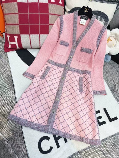 Chanel pink and grey cashmere knit dress