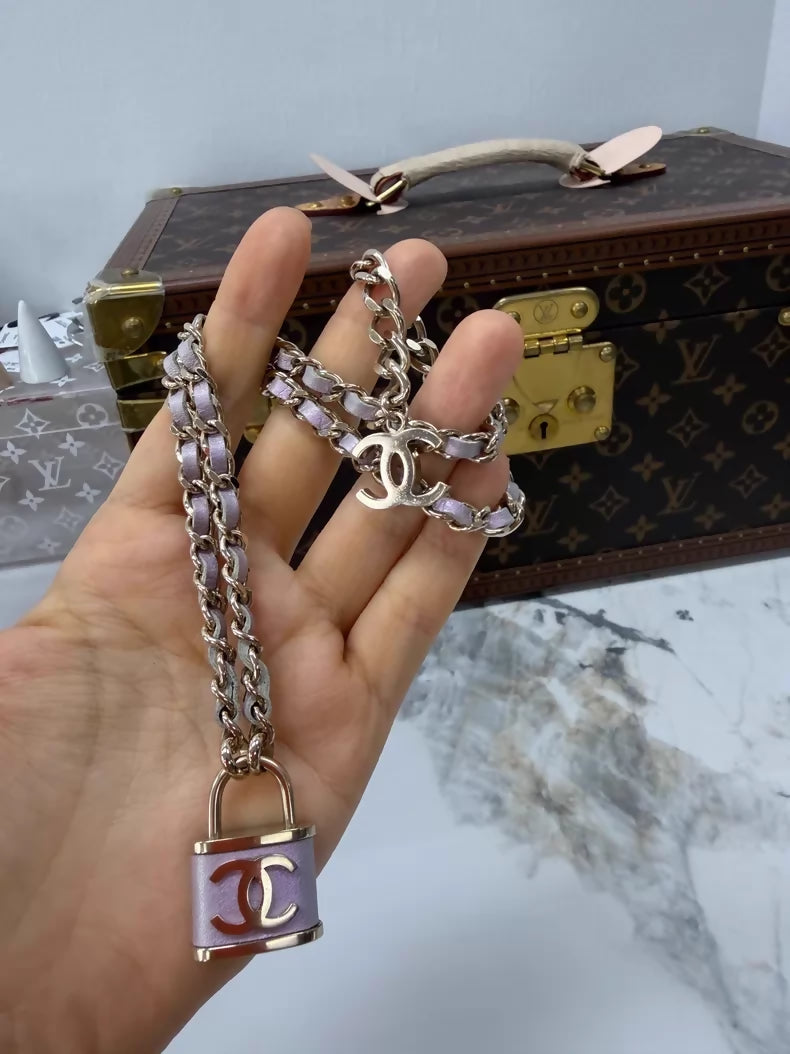 Chanel pink lock leather necklace