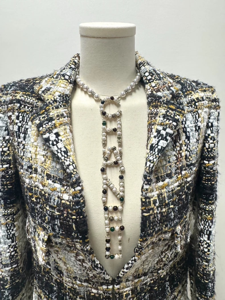 Chanel 19K Glass Letter Pearl Necklace
