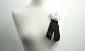Chanel Vintage 81-85 Satin Fabric Black Camellia Ribbon Brooch