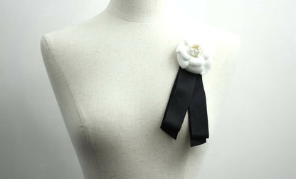 Chanel Vintage 81-85 Satin Fabric Black Camellia Ribbon Brooch