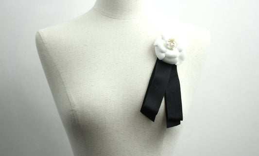 Chanel Vintage 81-85 Satin Fabric Black Camellia Ribbon Brooch