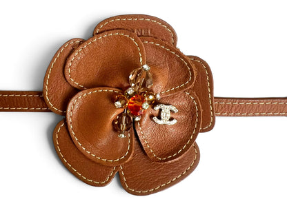 Chanel 05A Brown Camellia Beaded Leather Choker Statement Necklace/Bracelet