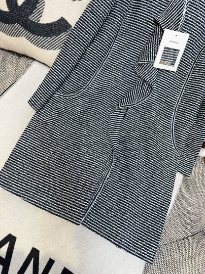 Chanel 20C navy blue and shimmering white striped tweed with ruffles coat