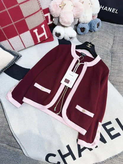 Chanel 25A burgundy and pink cashmere cardigan
