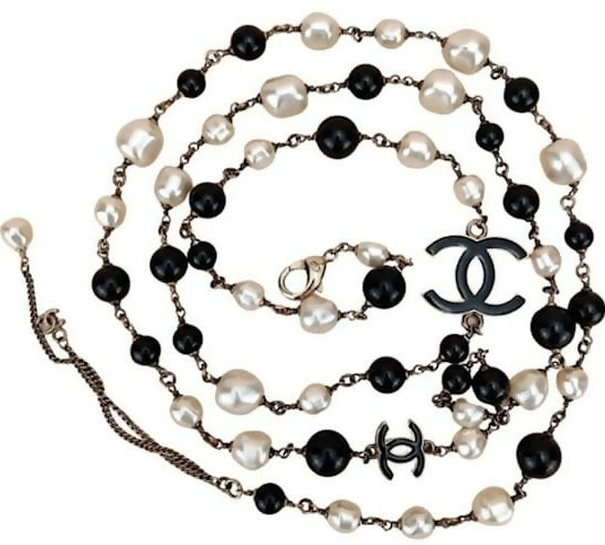 Chanel 12P Classic Long Strand Black White Freshwater Pearl and Bead Necklace GHW