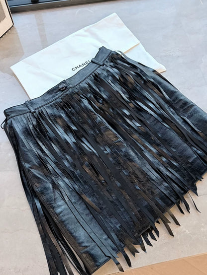 Chanel 22C Black Fringe Lambskin Skirt