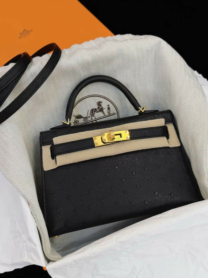 Hermès Mini Kelly II Noir / Black Ostrich Leather with Gold Hardware K Stamp