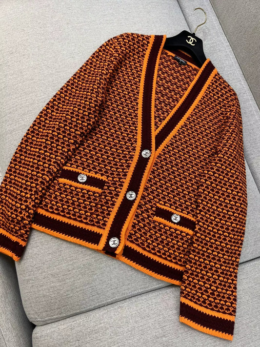 Chanel 23A orange and brown knit cardigan