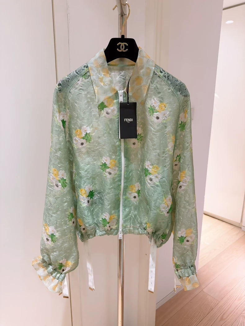Fendi mint green floral organza lace jacket
