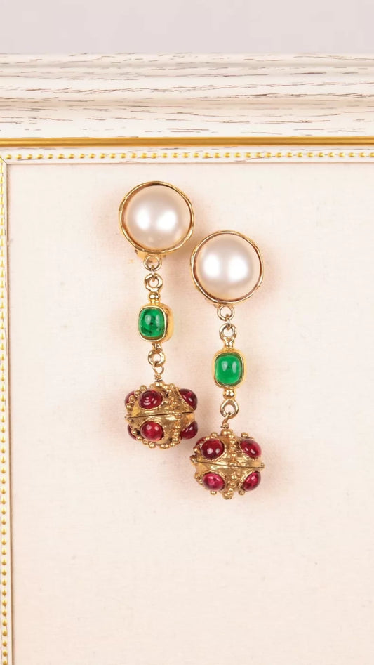 Chanel Red and Green Glass Pendant Pearl Clip-on Earrings